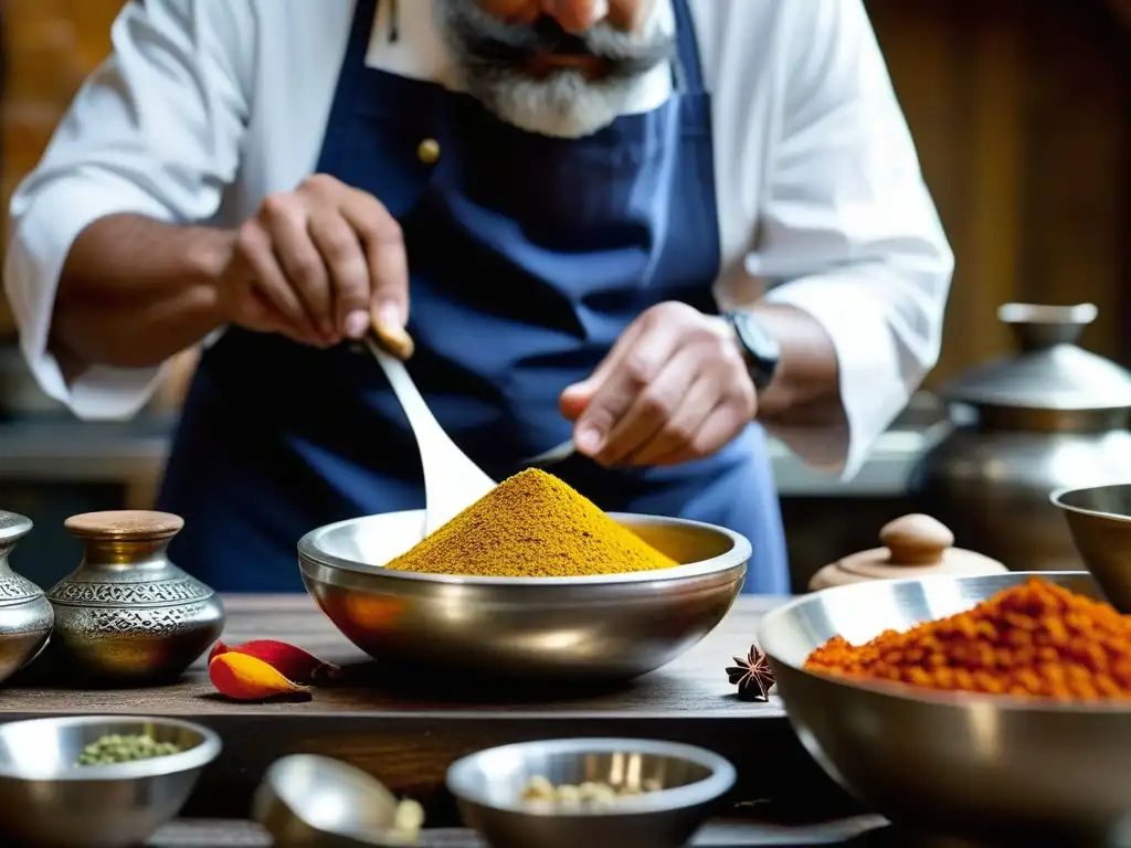 Un chef experto en una cocina renacentista, mezclando especias con precisión