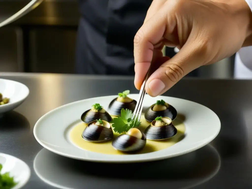 Un chef experto en cocina francesa coloca escargots con precisión en un plato, resaltando la historia del escargot en cocina