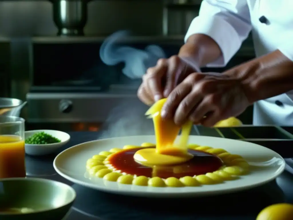 Un chef experto fusionando la cocina francesa en Sudamérica, creando una salsa sedosa con ingredientes vibrantes