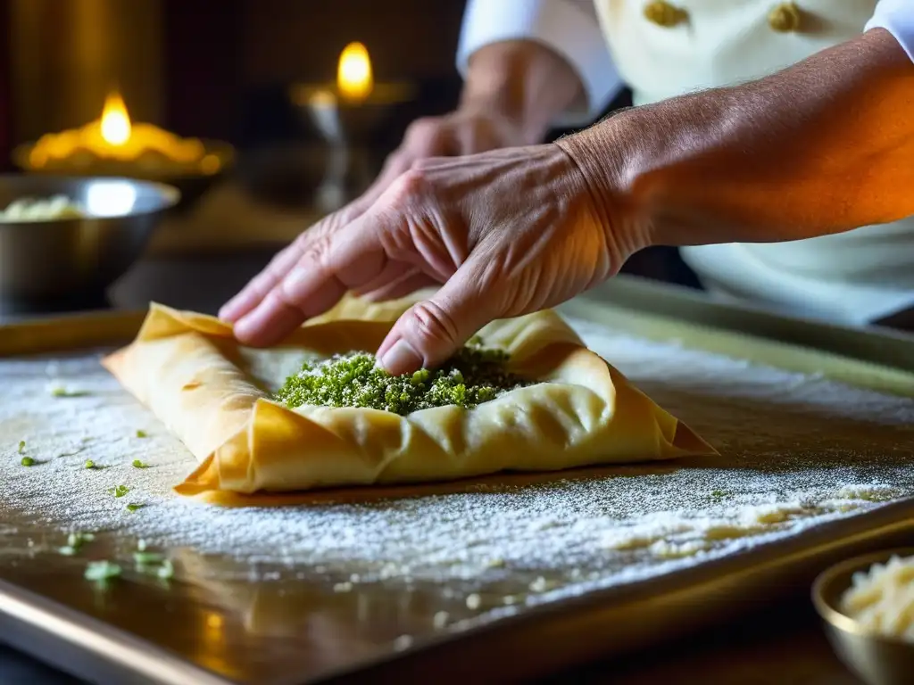 Un chef experto en cocina del Imperio Otomano elaborando baklava con destreza, entre utensilios antiguos