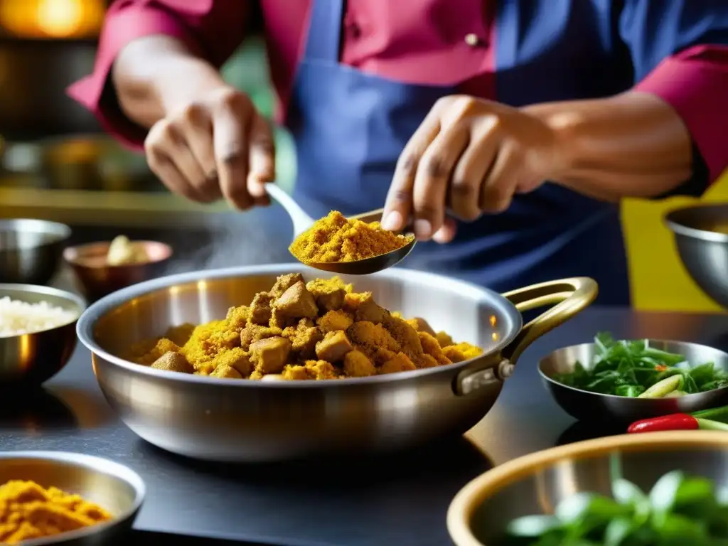 Un chef experto fusionando cocina IndoChina con precisión y arte, en una cocina bulliciosa