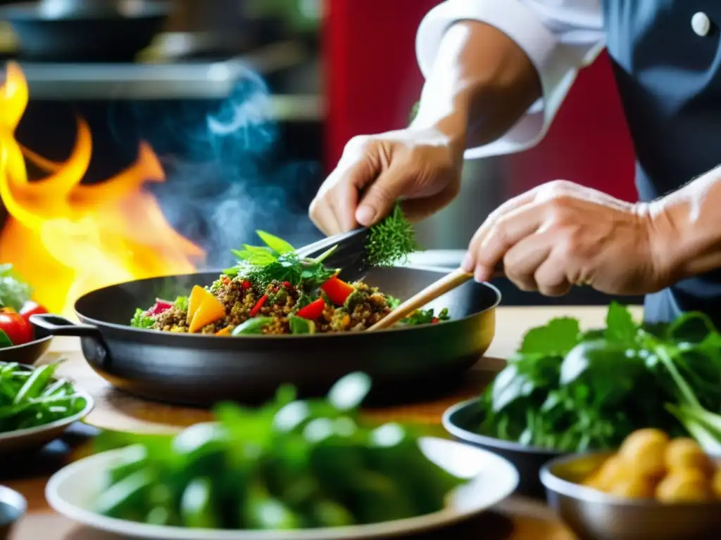 Un chef experto preparando una cocina fusión IndoChina, destacando la historia culinaria única