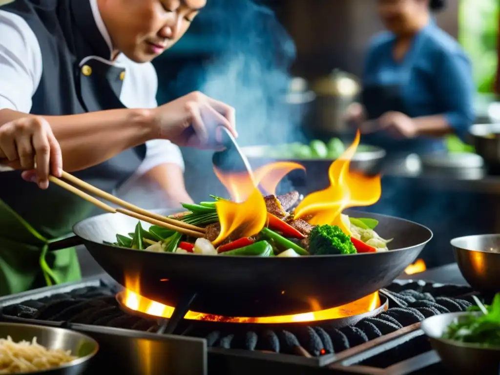 Un chef experto en la cocina IndoChina equilibra ingredientes en un wok con llamas