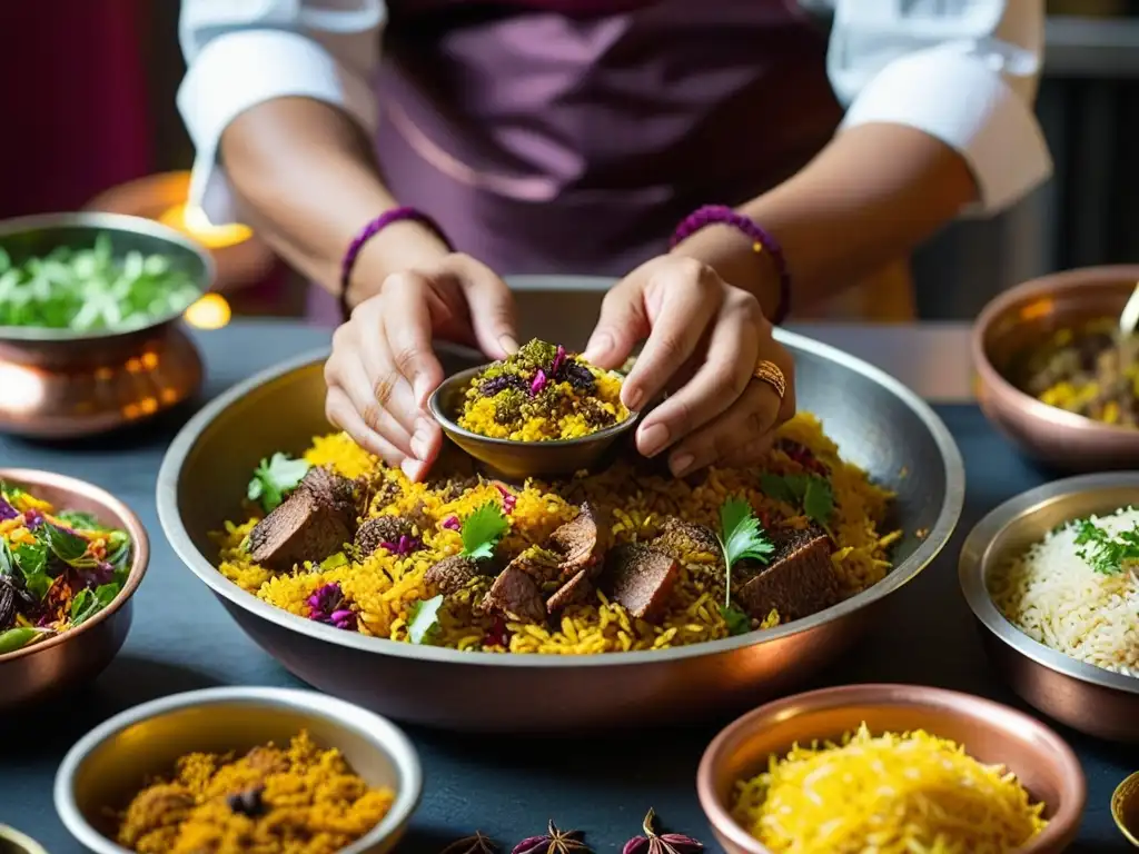 Chef Mughal experto prepara biryani en cocina llena de especias, ollas de cobre y textiles vibrantes