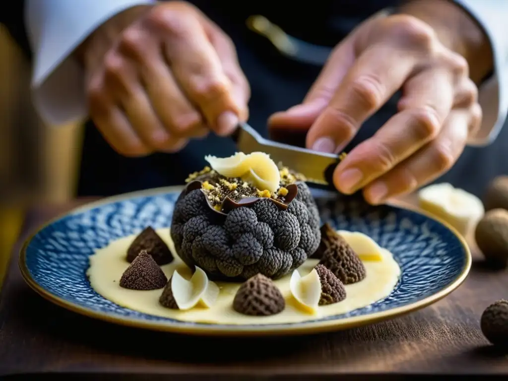 Un chef experto en cocina medieval usando trufas, muestra la sofisticación y arte culinario