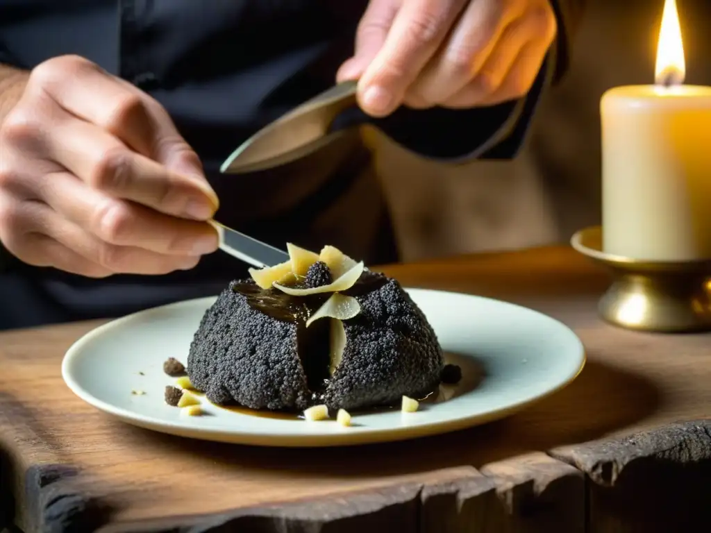 Un chef experto en una cocina medieval española, delicadamente rallando una rara trufa negra