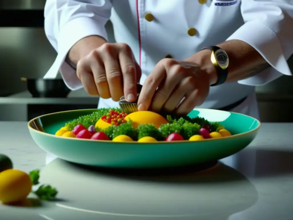 Un chef experto en su cocina moderna, creando un plato intrincado y colorido, reflejando la evolución de las preferencias culinarias a lo largo del tiempo