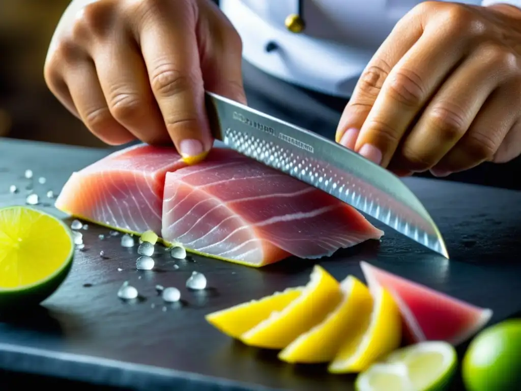 Un chef experto en cocina peruana prepara Tiradito con destreza