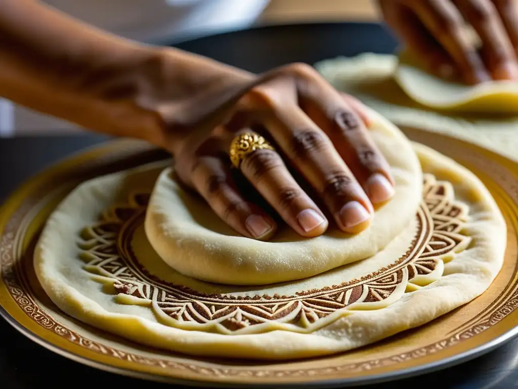 Un chef experto en cocina del sur de Asia moldea finas capas de masa para panes planos, mostrando una técnica milenaria y cultural