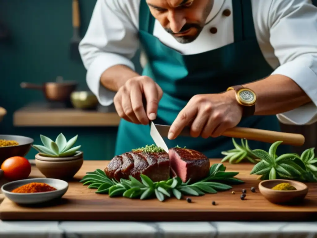 Un chef experto en un cocina renacentista, utilizando técnicas culinarias para preparar carne con utensilios antiguos