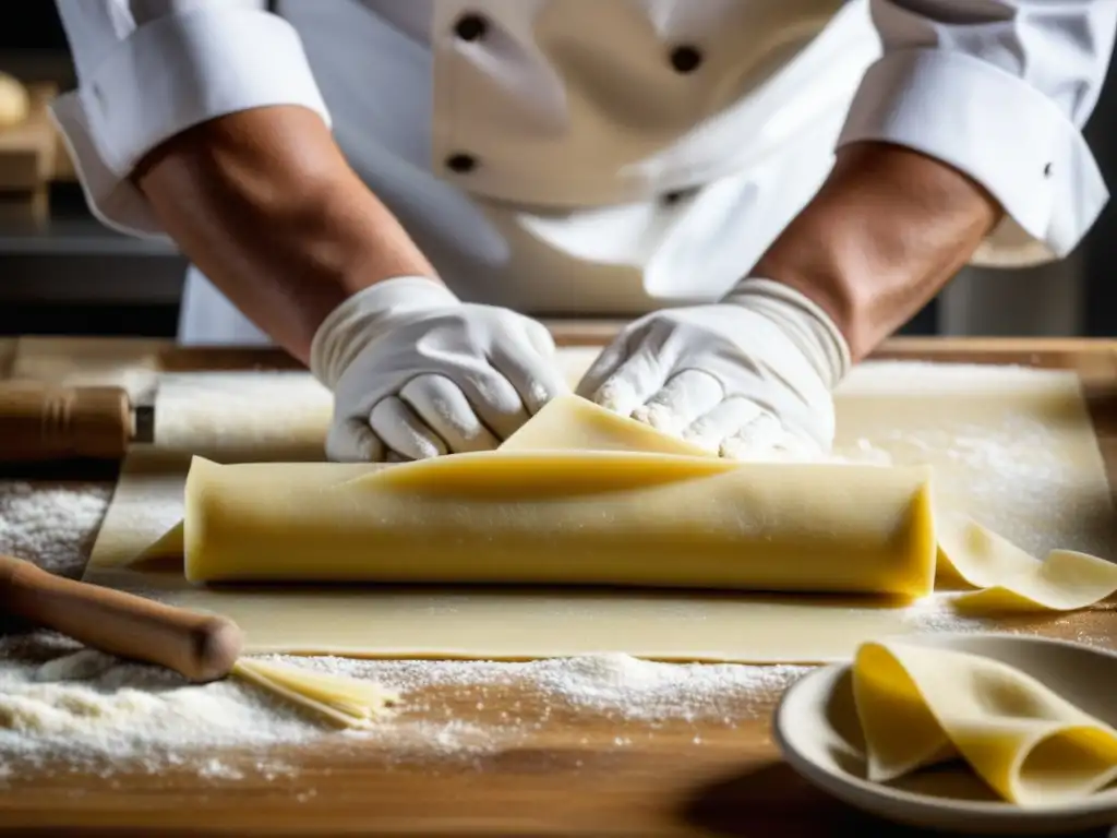 Un chef experto en cocina tradicional, con utensilios antiguos, muestra destreza al preparar pasta fresca