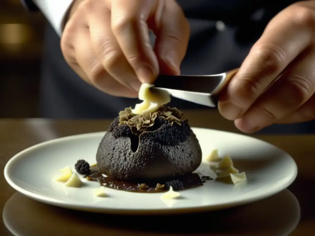 Un chef experto cocina con trufas técnicas históricas, añadiendo un toque de lujo a su plato