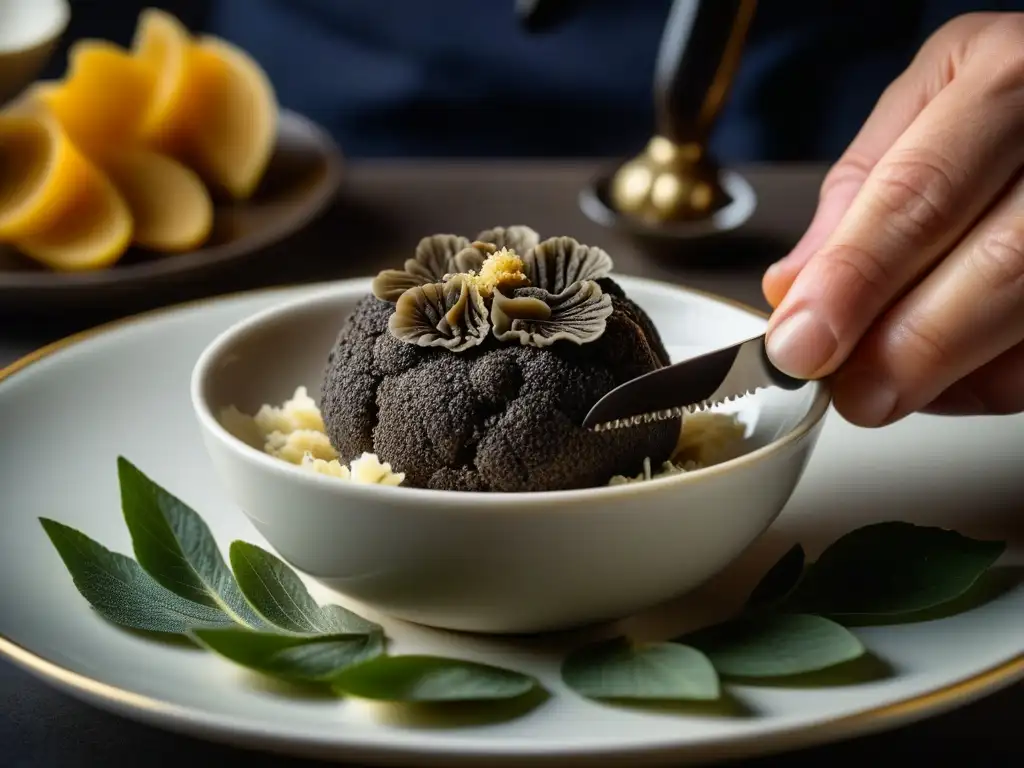 Un chef experto cocina con trufas técnicas históricas, rallando una trufa negra sobre un exquisito plato