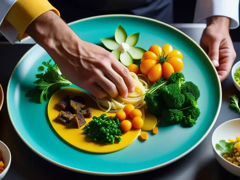 Un chef experto elaborando una colorida y detallada obra de arte culinaria, destacando la importancia de las publicaciones sobre cocina regional