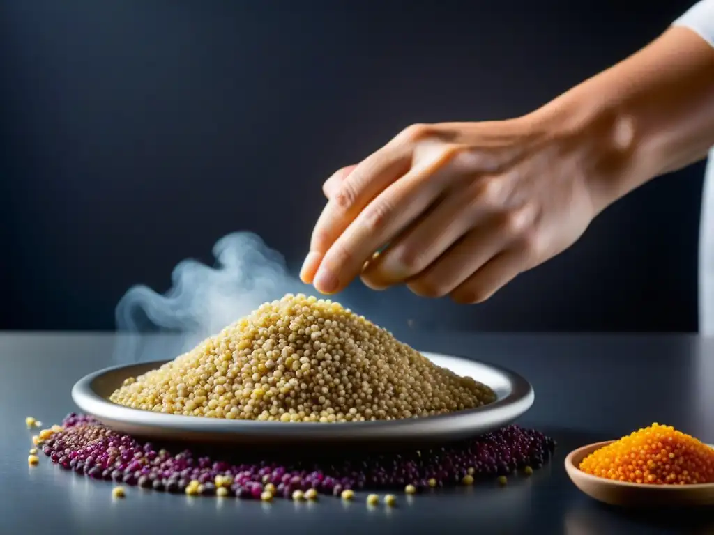 Un chef experto mezcla quinoa colorida en un gadget culinario futurista, fusionando recetas históricas con tecnología de vanguardia