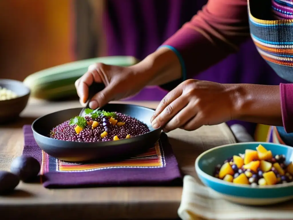 Un chef experto prepara una colorida receta Inca con quinua, maíz morado y papas Andinas