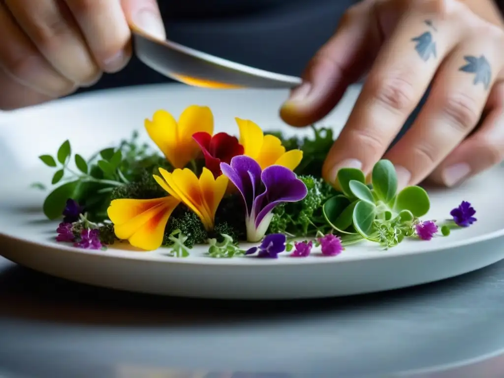 Arte culinario: chef fusiona tradición y modernidad con flores comestibles Un chef experto decora con precisión flores comestibles y microgreens en un plato moderno, fusionando técnicas culinarias