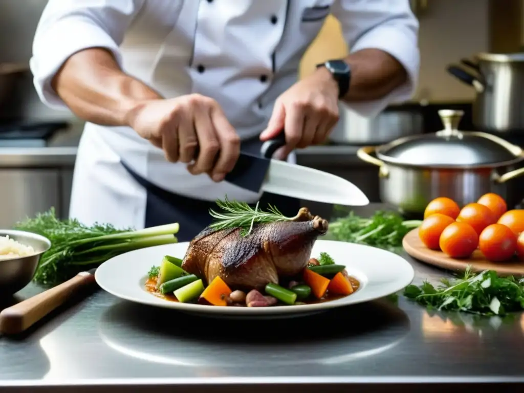 Un chef experto preparando un coq au vin en una cocina francesa en Sudamérica