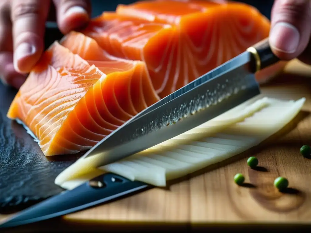 Un chef experto corta con delicadeza un filete de salmón ahumado en cortes europeos, resaltando la textura y el arte culinario