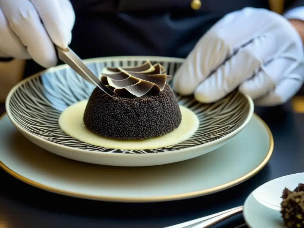 Un chef experto corta finas láminas de trufa negra Perigord sobre un plato exquisito, mostrando la historia culinaria de este tesoro gastronómico