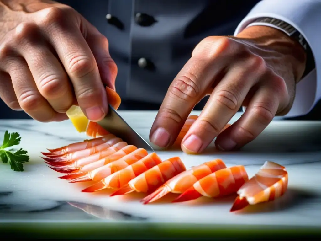 Un chef experto corta camarón fresco para preparar carpaccio