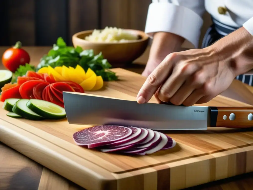 Un chef experto corta ingredientes frescos en una tabla de madera, evocando recetas históricas de comida calle Edo