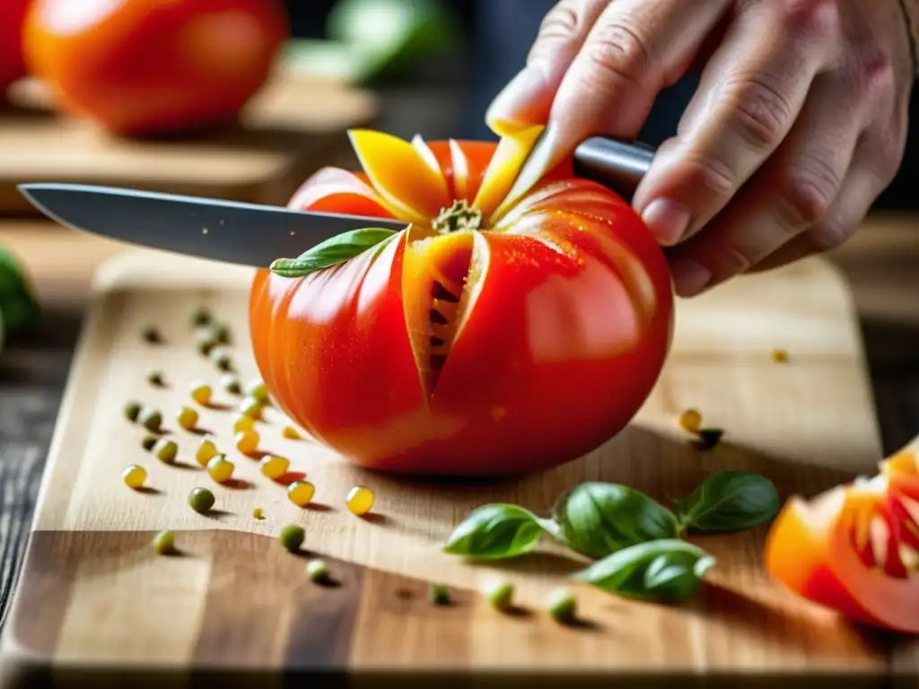 Un chef experto corta ingredientes frescos en detalle, con años de experiencia