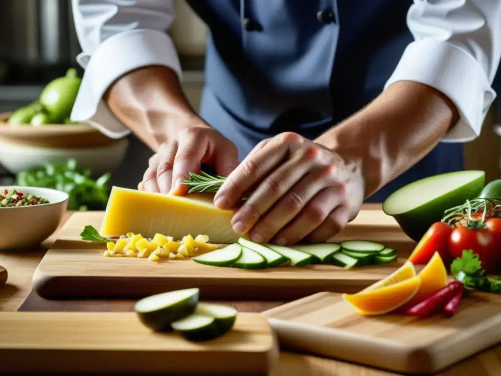 Un chef experto corta ingredientes frescos en una tabla de madera, representando la fusión de tradición e innovación en la cocina