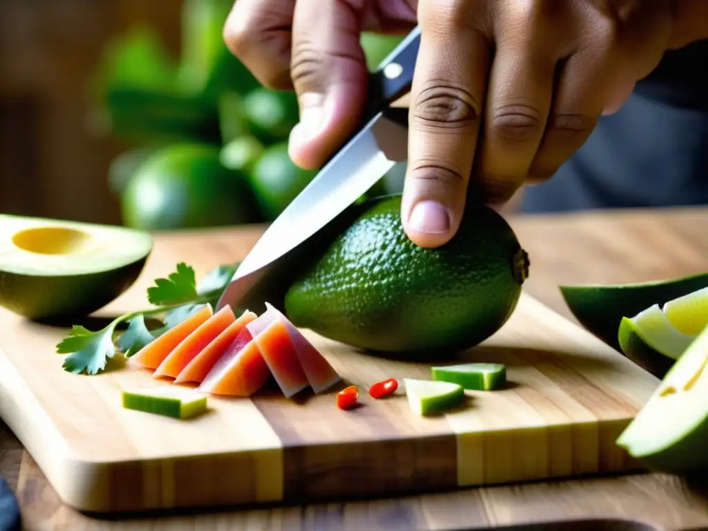 Un chef experto corta ingredientes frescos para un ceviche peruano con técnicas modernas