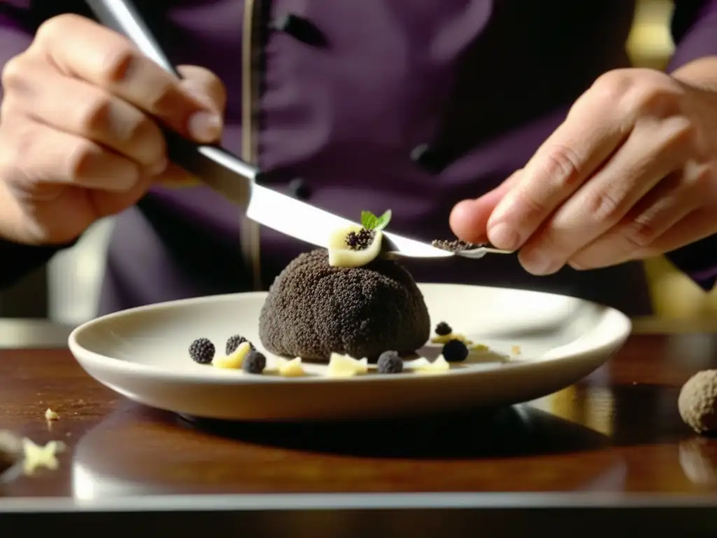 Un chef experto corta trufas frescas sobre un exquisito plato en una bulliciosa cocina asiática