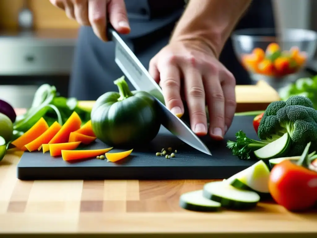 Un chef experto corta con precisión verduras frescas en una tabla moderna, demostrando habilidad culinaria