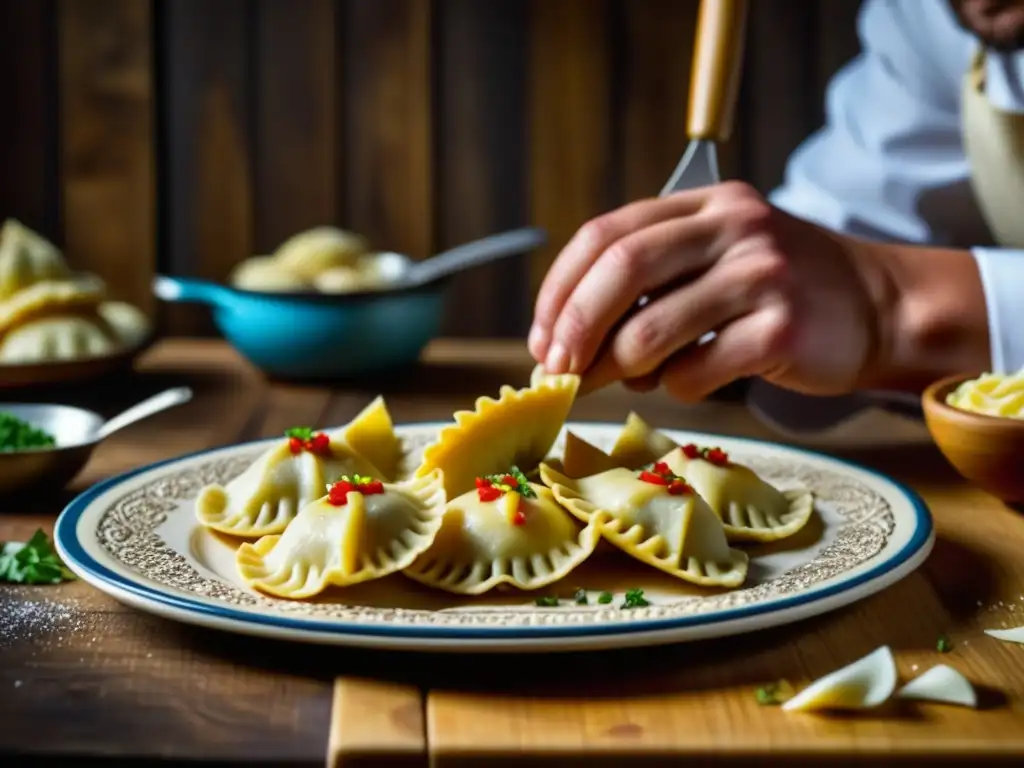 Un chef experto en crimping, detalladamente, variedad de pierogi coloridos, sobre fondo de madera rústica con utensilios polacos