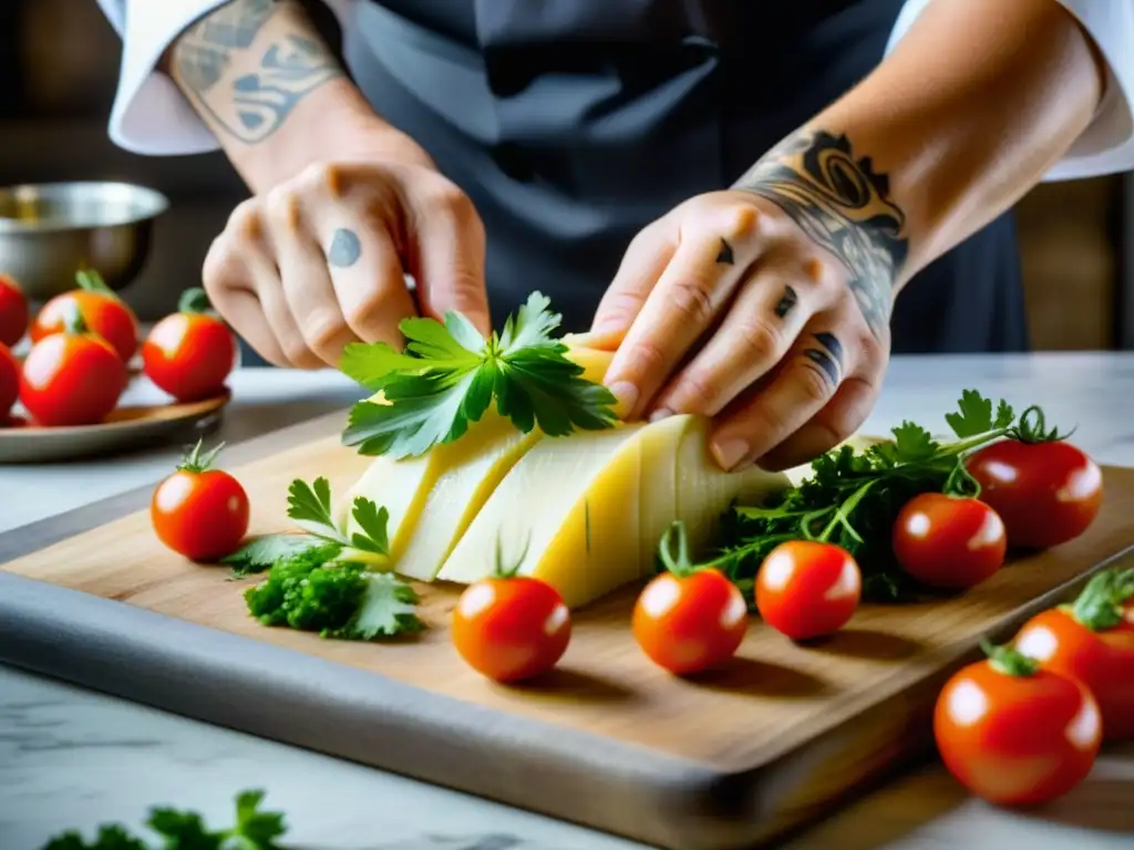 Un chef experto coloca bacalao con cuidado en cilantro y tomate