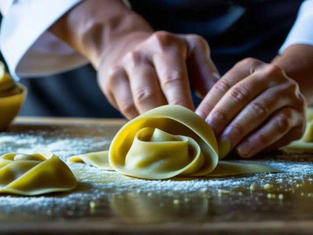 El chef experto moldea con cuidado la masa de tortellini, mostrando el proceso de creación