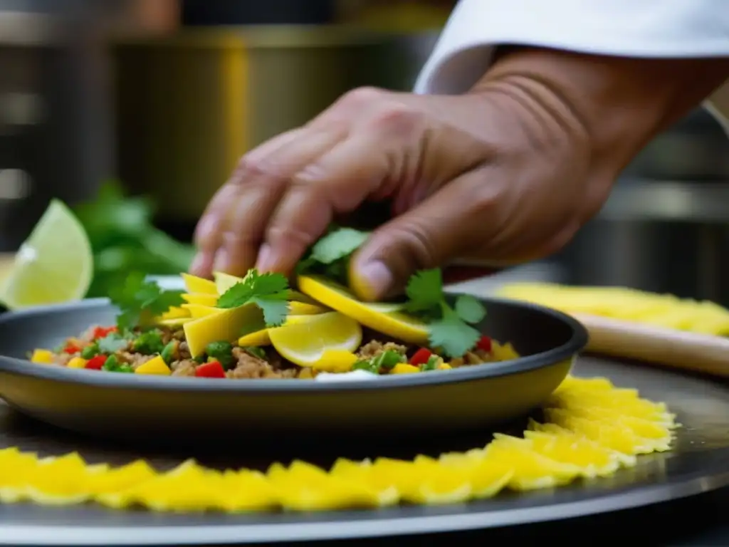 Un chef experto preparando con cuidado un plato tradicional del Pacífico, destacando la historia culinaria