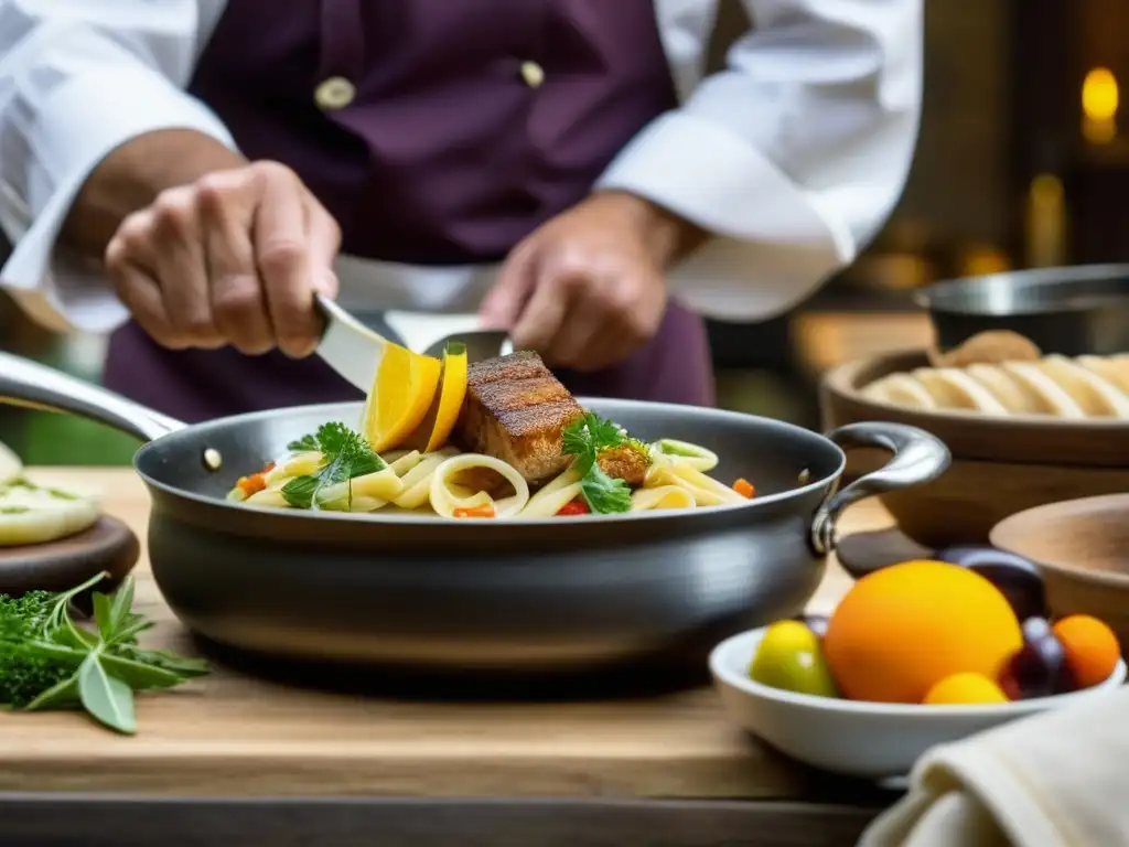 Un chef experto prepara con cuidado una receta tradicional en una cocina rústica