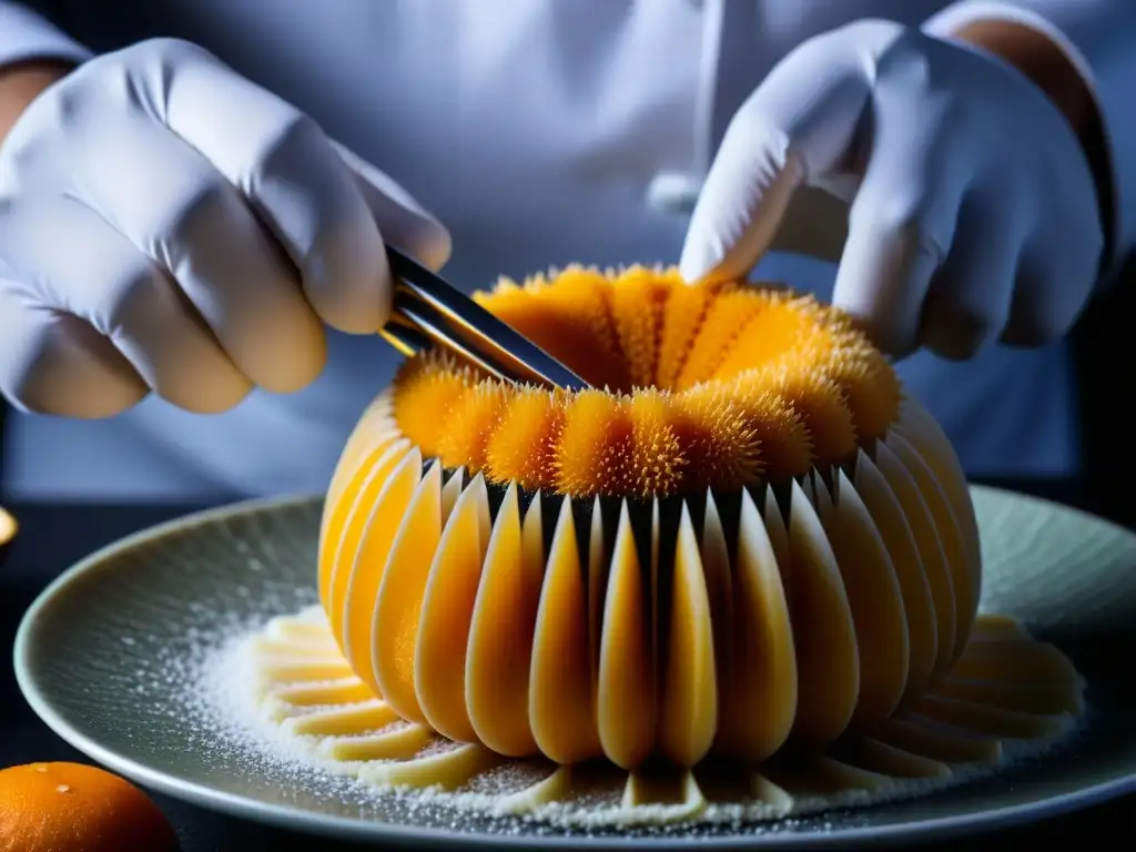 Un chef experto extrae con cuidado el vibrante uni naranja de un erizo marino, en una cocina de élite