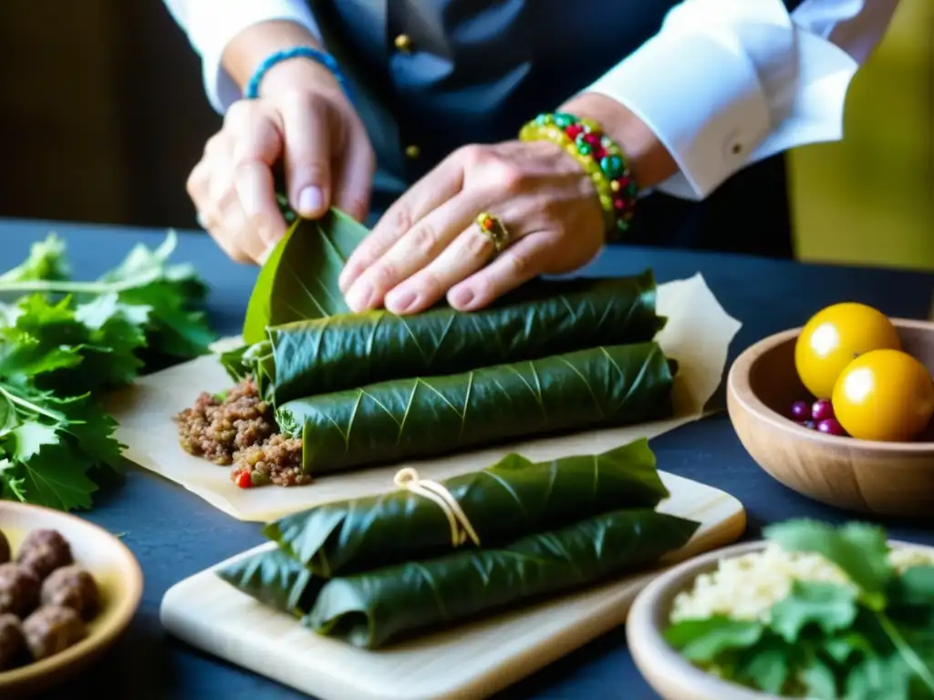 Un chef experto envuelve con dedicación hojas de uva alrededor de arroz especiado y carne, creando Dolma Armenio