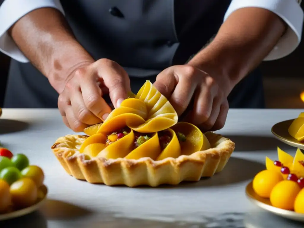 Un chef experto dobla una delicada y detallada pastelería española con frutas tropicales del Pacífico, fusionando técnicas culinarias españolas con sabores del Pacífico