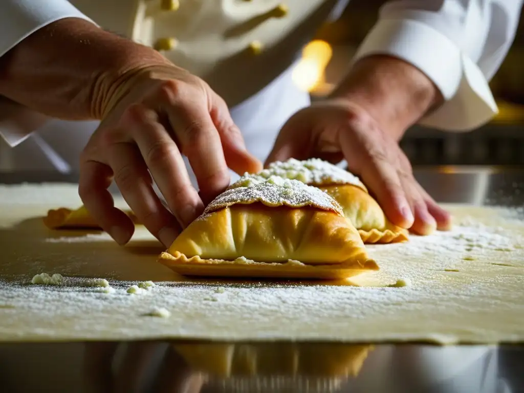 Un chef experto ensambla una delicada milhojas en una cocina francesa, mostrando la influencia de las Guerras Napoleónicas