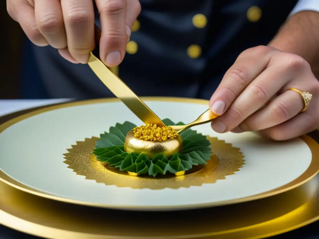 Un chef experto adorna con delicadas láminas de oro un exquisito plato, fusionando tradición y lujo en la alta cocina de Cenas de Estado