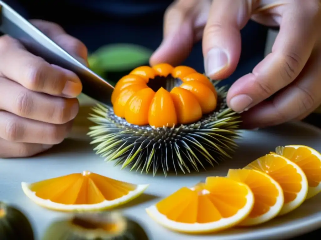 Un chef experto prepara con delicadeza un erizo de mar para una receta de gastronomía elite