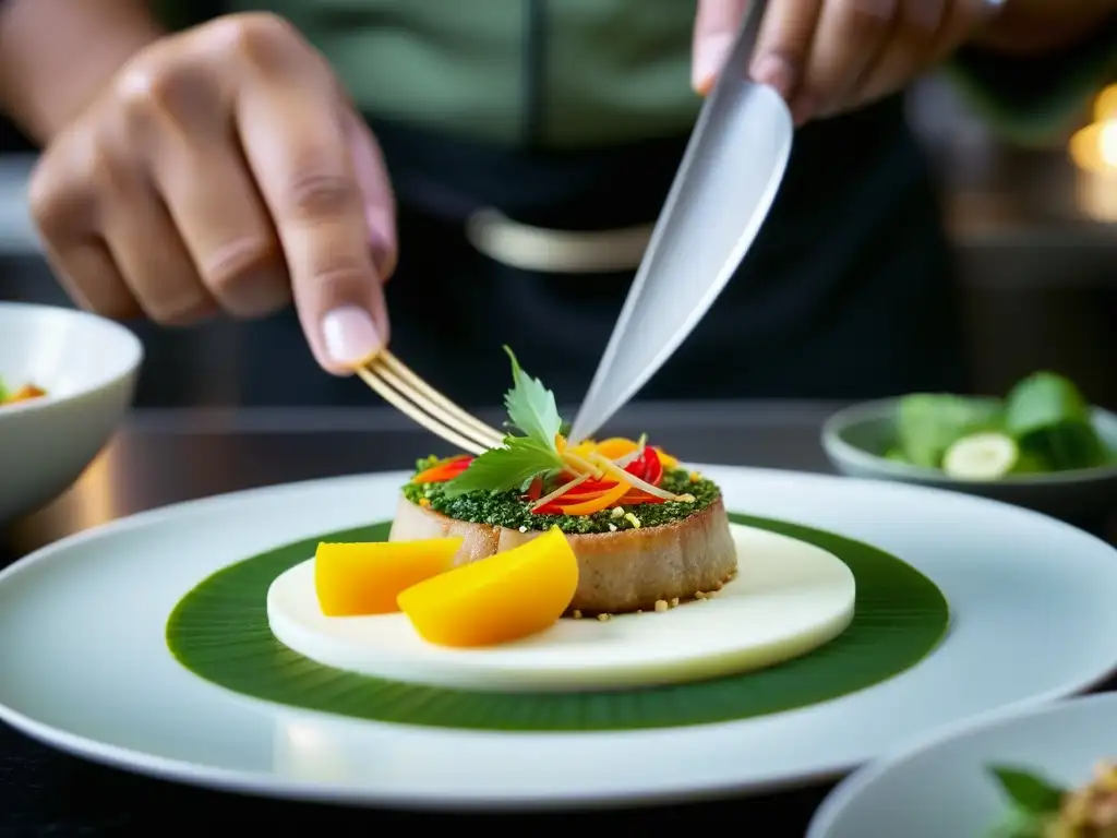 Un chef experto prepara un delicado platillo Mon en una bulliciosa cocina tailandesa