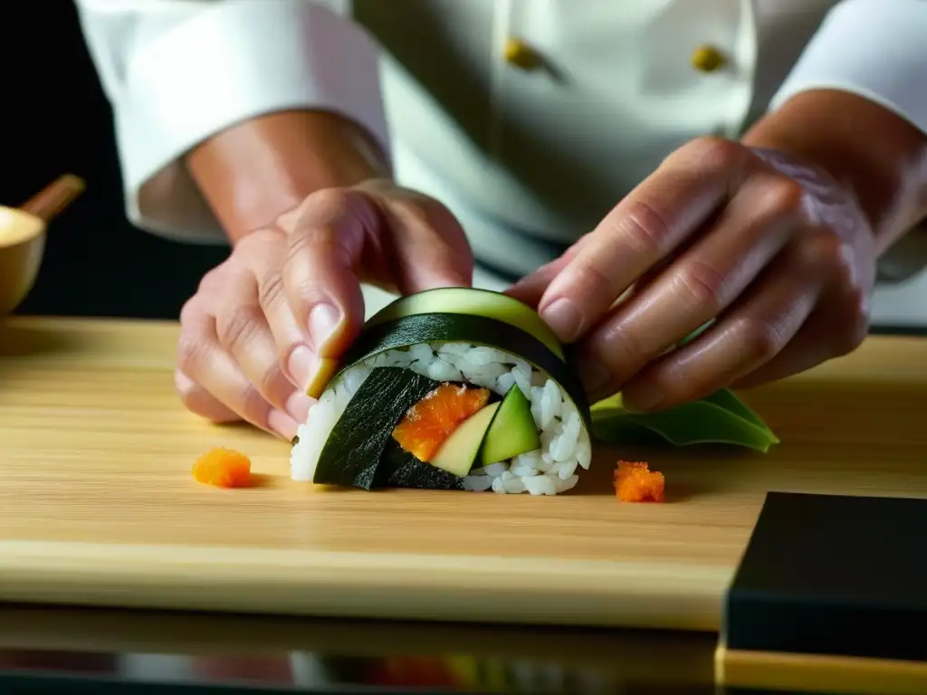 Un chef experto crea un delicado rollo de sushi, mostrando los sabores profundos en cocina pacífica