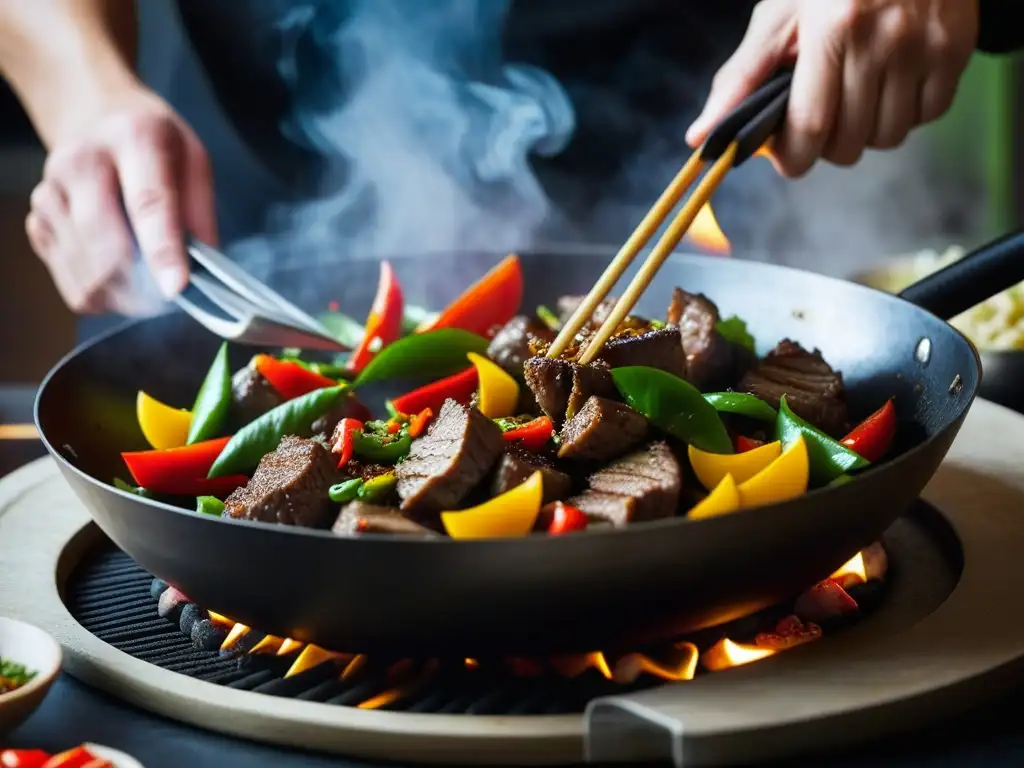 Un chef experto prepara una deliciosa comida mongol en la India, con ingredientes frescos y sabrosos en un wok caliente