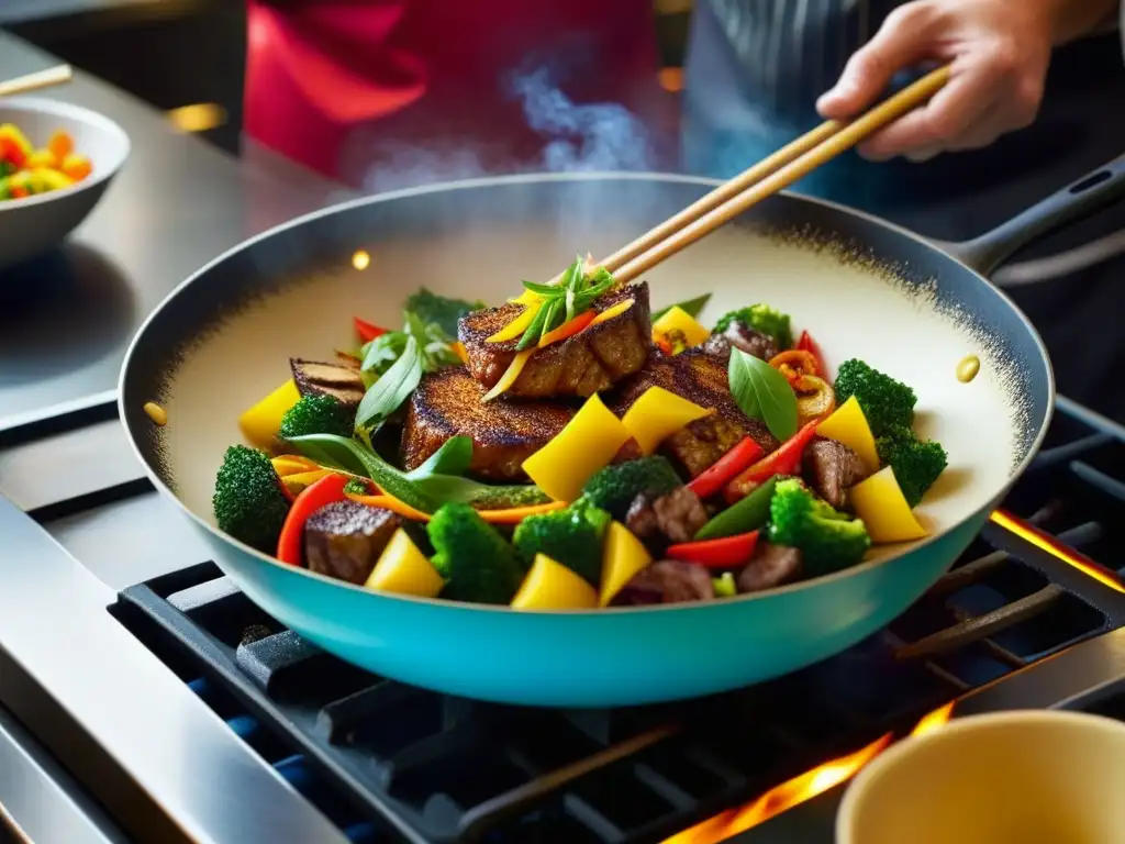 Un chef experto prepara una deliciosa receta Chifa en un wok, mostrando la gastronomía cultural con colores y texturas vibrantes