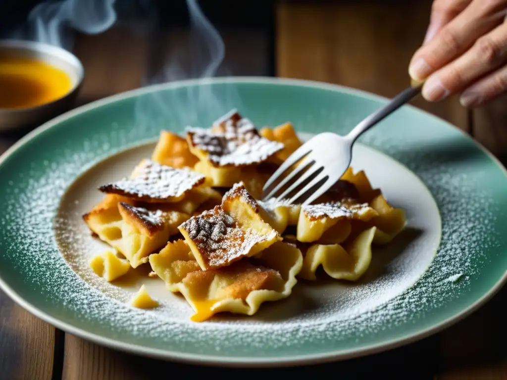 Un chef experto desmenuzando un delicioso Kaiserschmarrn dorado y esponjoso con dos tenedores de madera