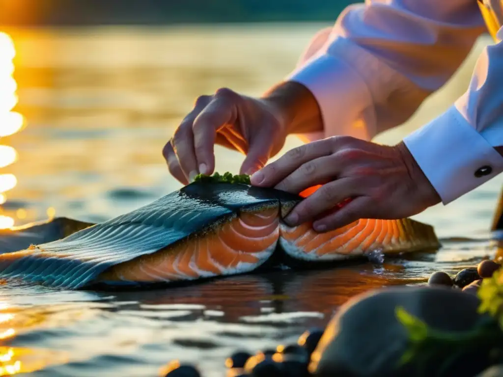 Un chef experto deshuesa un salmón del Danubio al atardecer, reflejando la importancia de la gastronomía Danubio Imperio Austrohúngaro