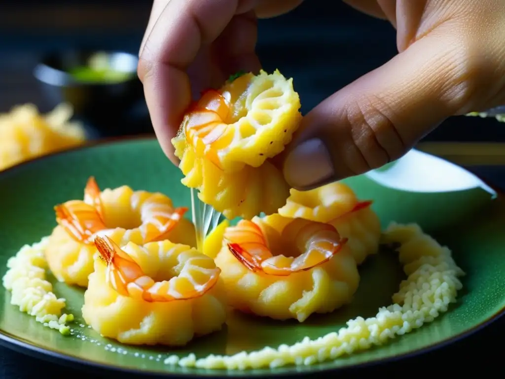 Un chef experto sumerge con destreza camarones frescos en masa de tempura dorada en cocina tradicional de la Era Edo