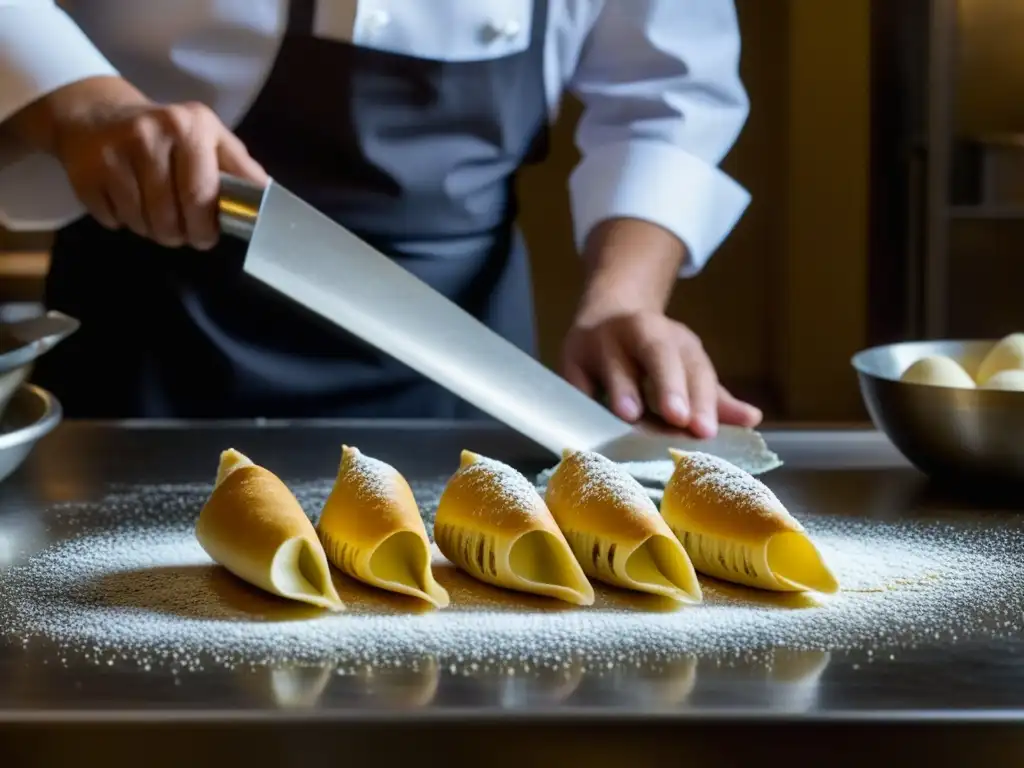 Un chef experto enrolla con destreza cáscaras de cannoli en una panadería siciliana tradicional